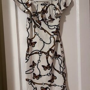 Forever 21 White Mini Dress with Brown and Orange Butterfly Print